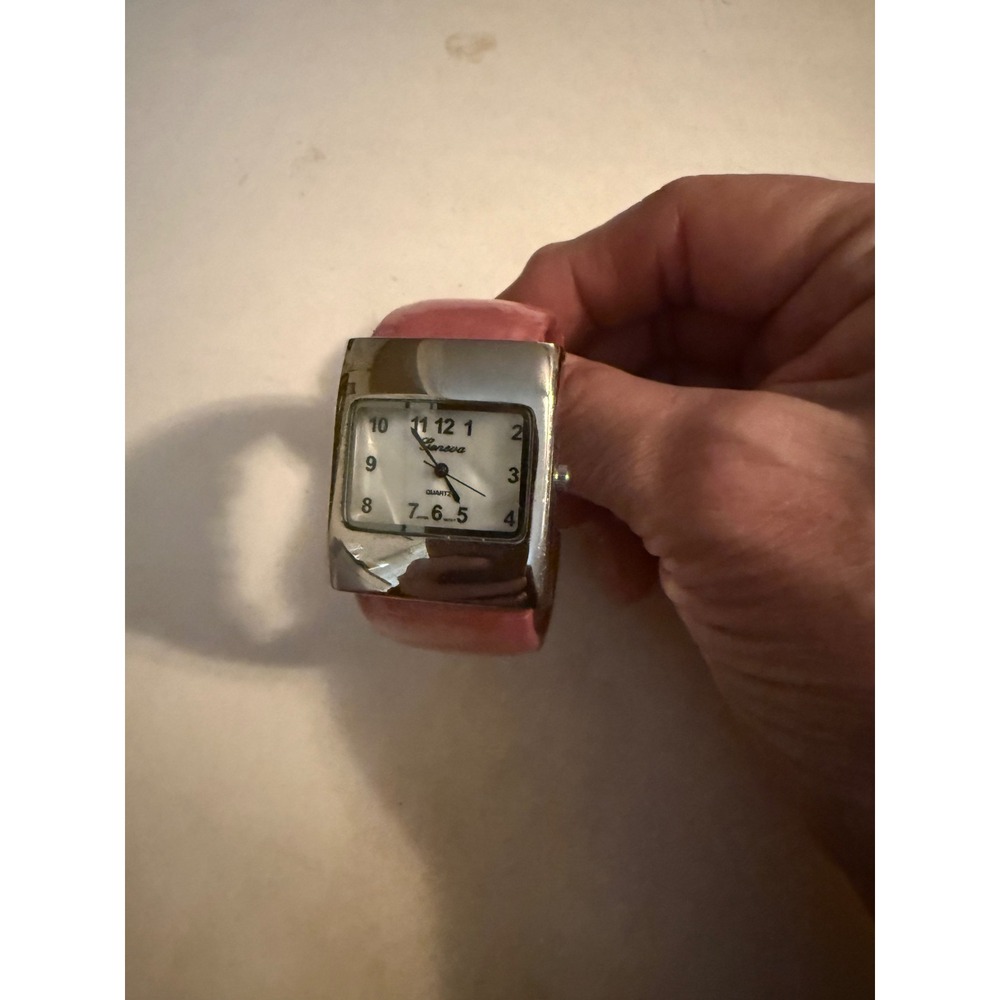 Geneva Womens Quartz Watch Silver Tone Rectangular Case Pink Leather Cuff Band